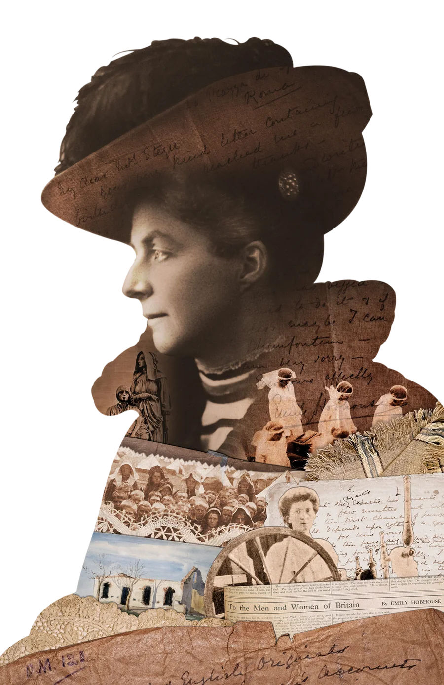 Collage van Emily Hobhouse met argiefbriewe en foto’s